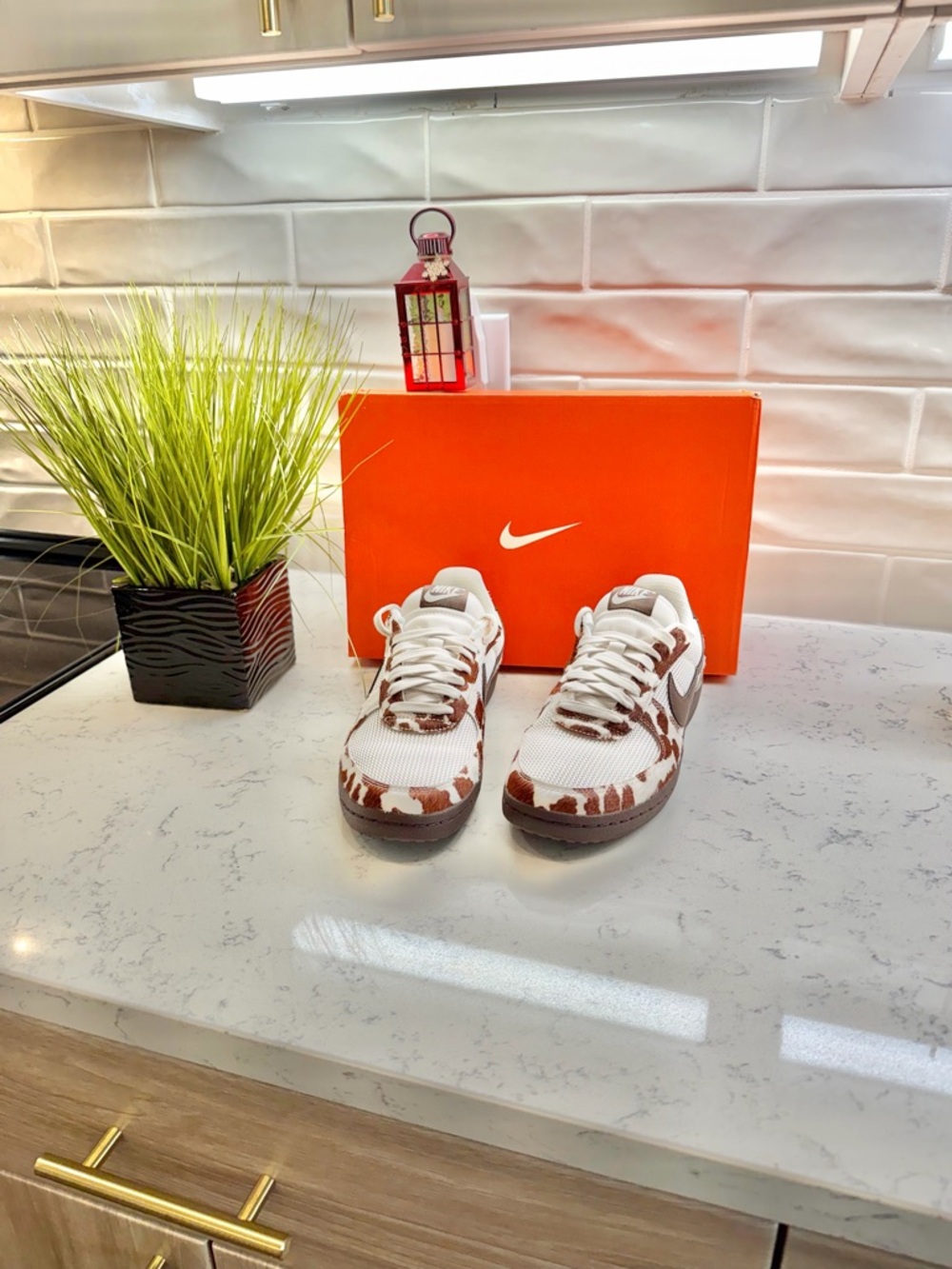 Nike Low Top Sneakers in White and Brown Cow Print